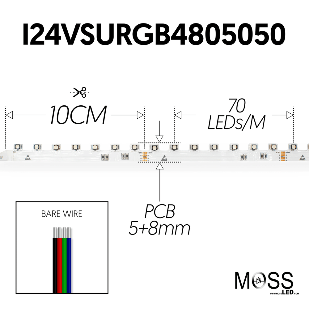 Moss LED FlexLED 70 Step-Up 24V RGB 5050 spec diagram showing 10CM cut interval 70 LED per meter PCB width 5 plus 8mm and bare wire connections