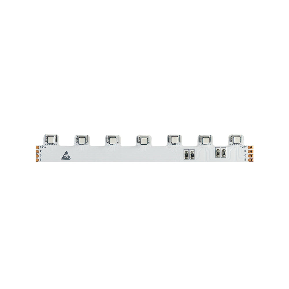 Moss LED FlexLED 70 Step-Up 24V RGB 5050 strip section flat view showing cut interval angle adjustable LED mounts and solder pads on white PCB