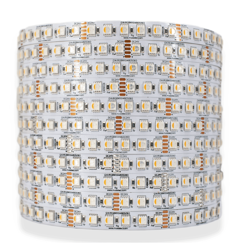 Moss LED FlexLED 96 RGB + White All-In-One 24V 2700K warm white 96 LEDs/m coiled reel on white background showing RGB and white diodes