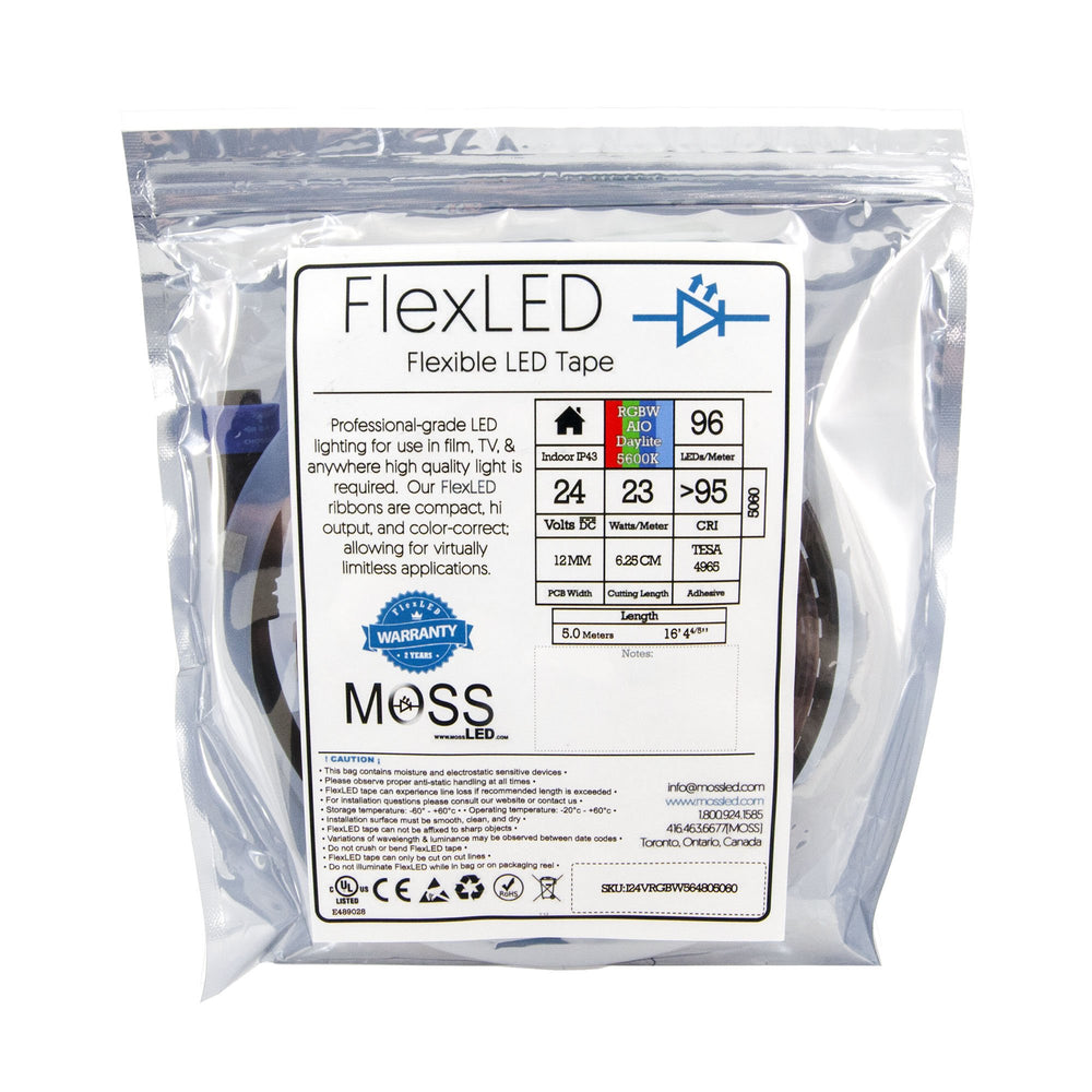 Moss LED FlexLED 96 RGB + White All-In-One 24V retail packaging resealable bag showing spec label 96 LEDs/m CRI 95+ 12mm wide 6.25cm cut length