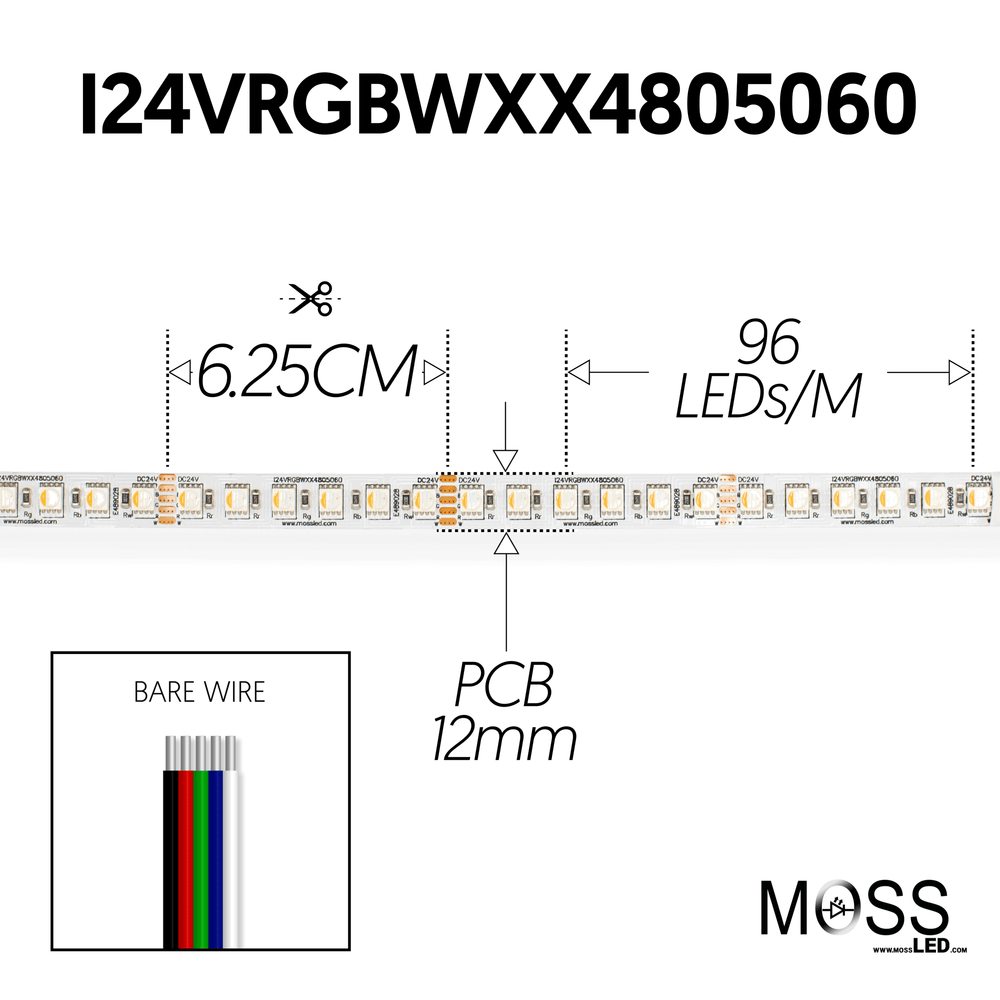 Moss LED FlexLED 96 RGB + White All-In-One 24V specification drawing showing 6.25CM cut intervals 96 LEDs/m 12mm PCB width with bare wire end