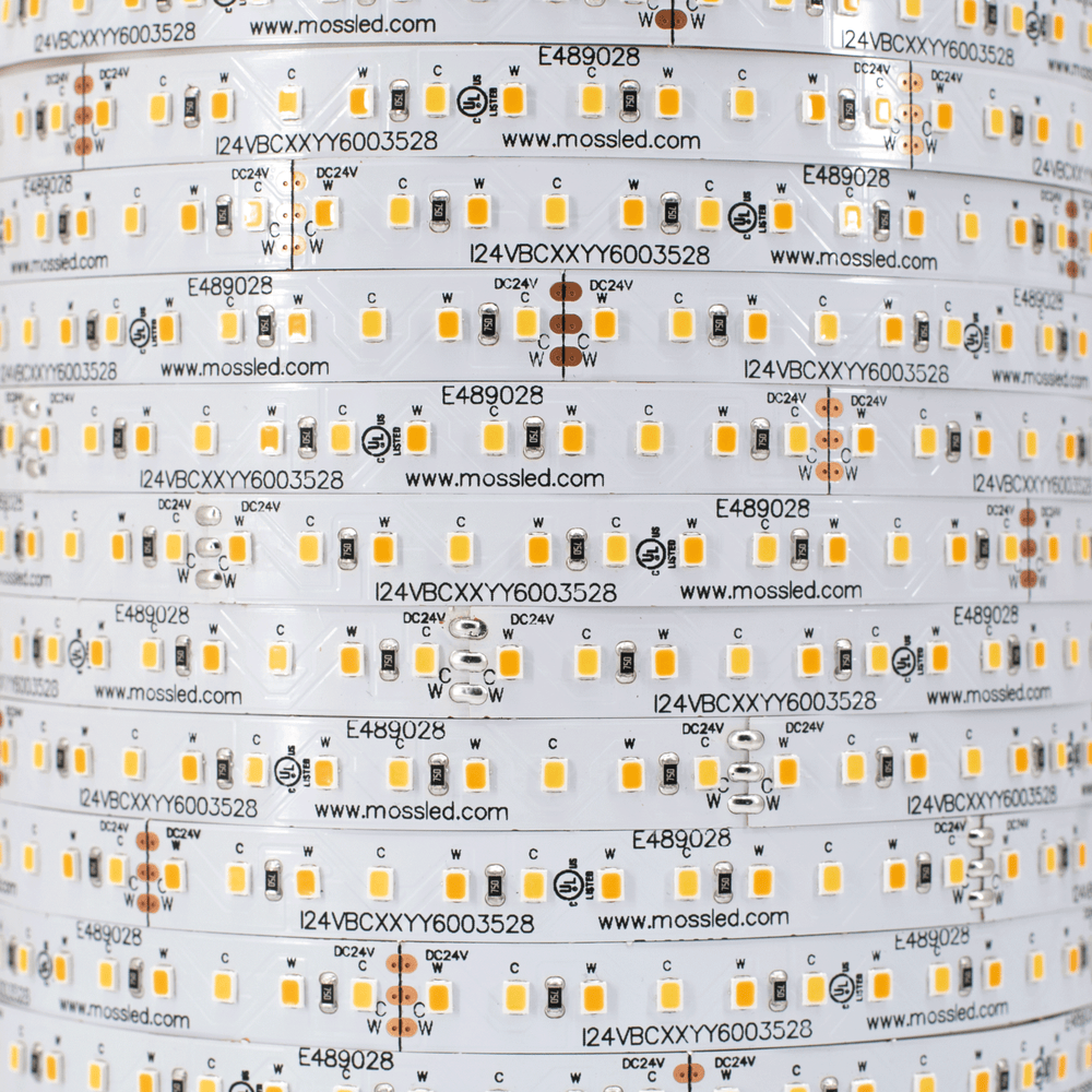 Moss LED FlexLED Bi-Colour 2700K-5600K 24V CCT Adjustable 3528 chip strip close-up warm cool white LEDs white background