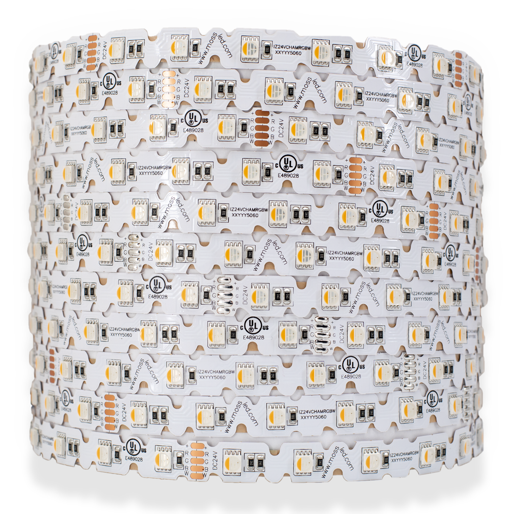 Moss LED FlexLED Chameleon 24V Fully Bendable – RGB + Dynamic White 2700K-4000K tunable, V-cut white PCB coil, SMD 5060 LEDs, UL listed