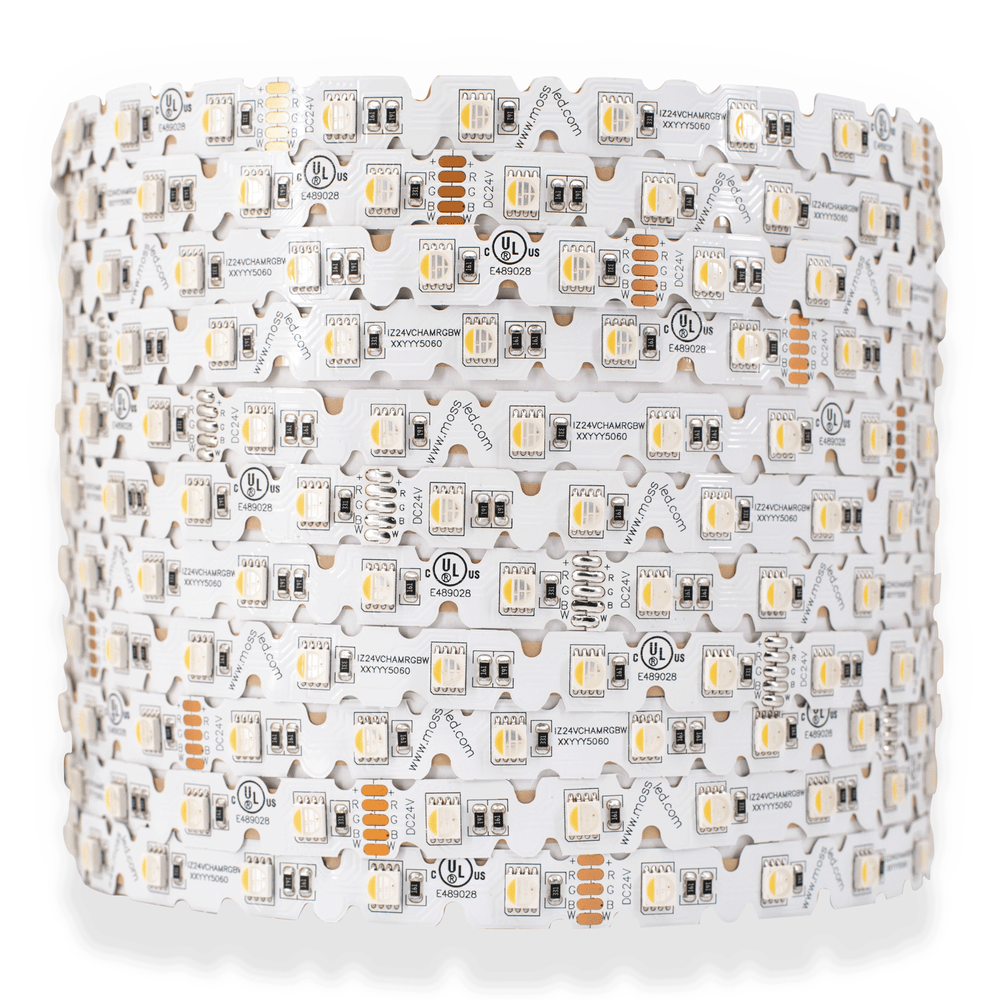 Moss LED FlexLED Chameleon 24V Fully Bendable – RGB+W LED strip coil showing V-cut white PCB for omnidirectional flexibility, SMD 5060 LEDs, UL listed