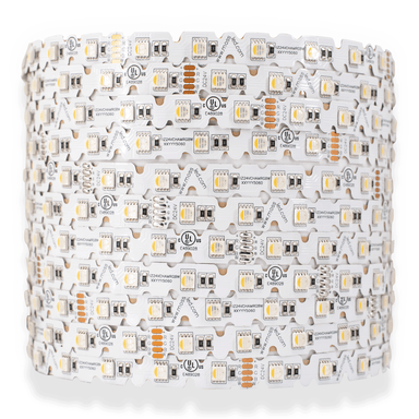 Moss LED FlexLED Chameleon 24V Fully Bendable – RGB+W LED strip coil showing V-cut white PCB for omnidirectional flexibility, SMD 5060 LEDs, UL listed
