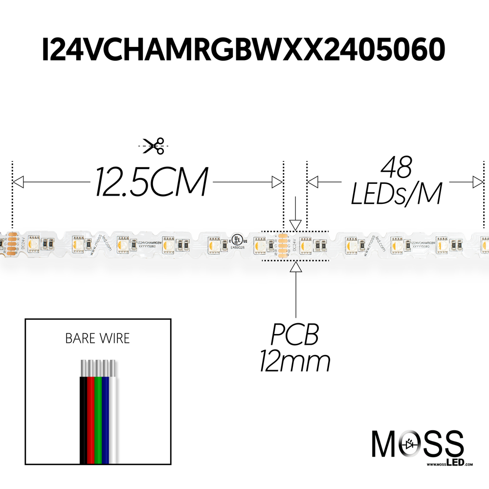 Moss LED FlexLED Chameleon 24V Fully Bendable RGBW – spec drawing, 48 LED/m, 12mm PCB, 12.5cm cut interval, bare wire, SMD 5060