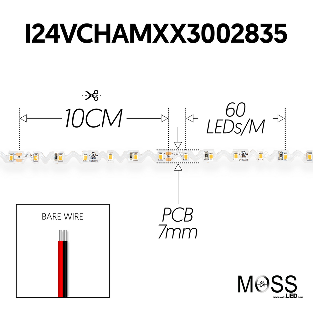 Moss LED FlexLED Chameleon 24V Fully Bendable tunable white – spec drawing, 60 LED/m, 7mm PCB, 10cm cut interval, bare wire, SMD 2835