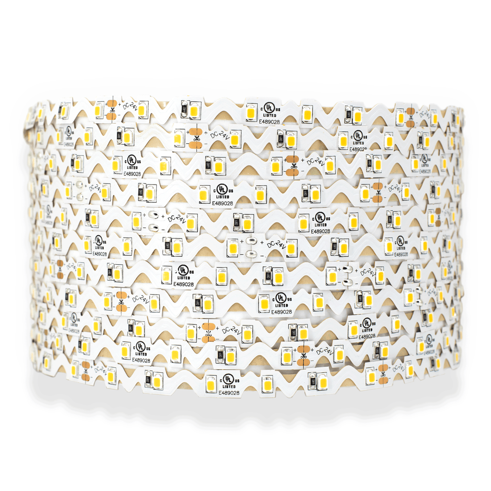 Moss LED FlexLED Chameleon 24V Fully Bendable – warm white 2730K, SMD 2835, wave-cut white PCB cylindrical coil, UL listed