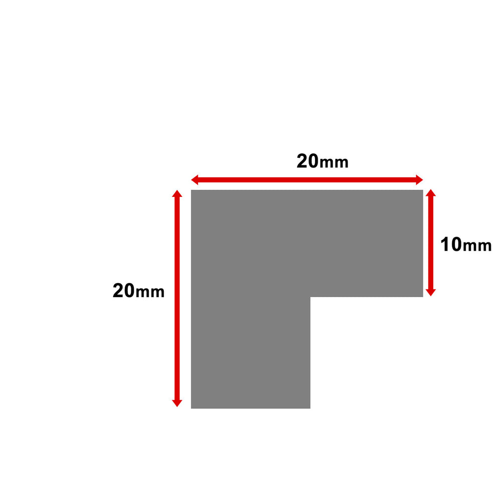 MossLED FlexLED PCB connector 2-way L-shape solder type dimensions diagram showing 20mm width 10mm strip height and 20mm total height