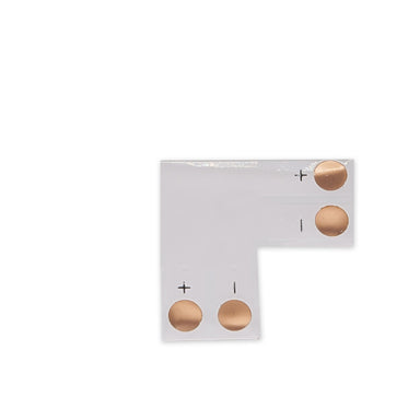 MossLED FlexLED PCB connector 2-way L-shape with copper solder pads and polarity markings for LED strip connections on white background