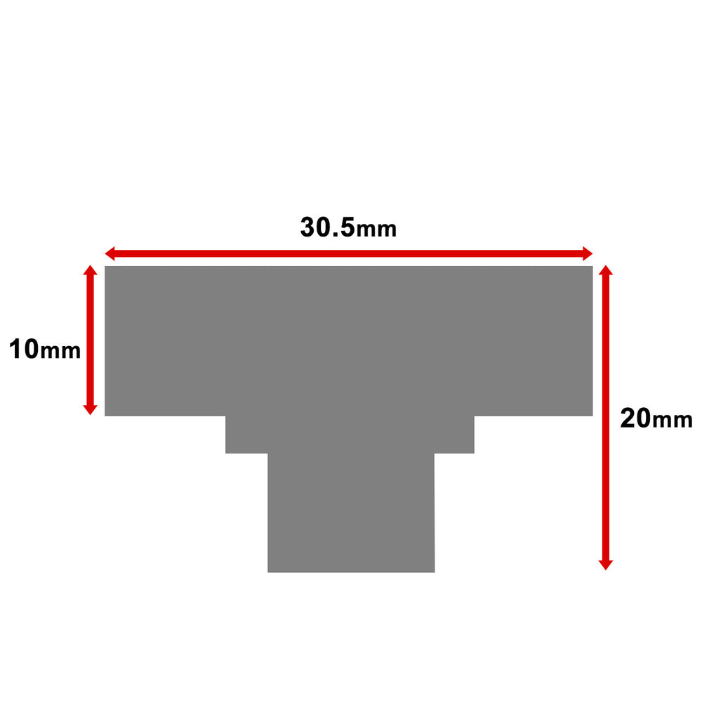 MossLED FlexLED PCB connector 3-way T-shape solder type dimensions diagram showing 30.5mm width 10mm strip height and 20mm total height