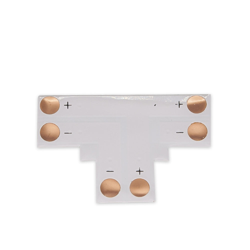 MossLED FlexLED PCB connector 3-way T-shape with copper solder pads and polarity markings for LED strip connections on white background