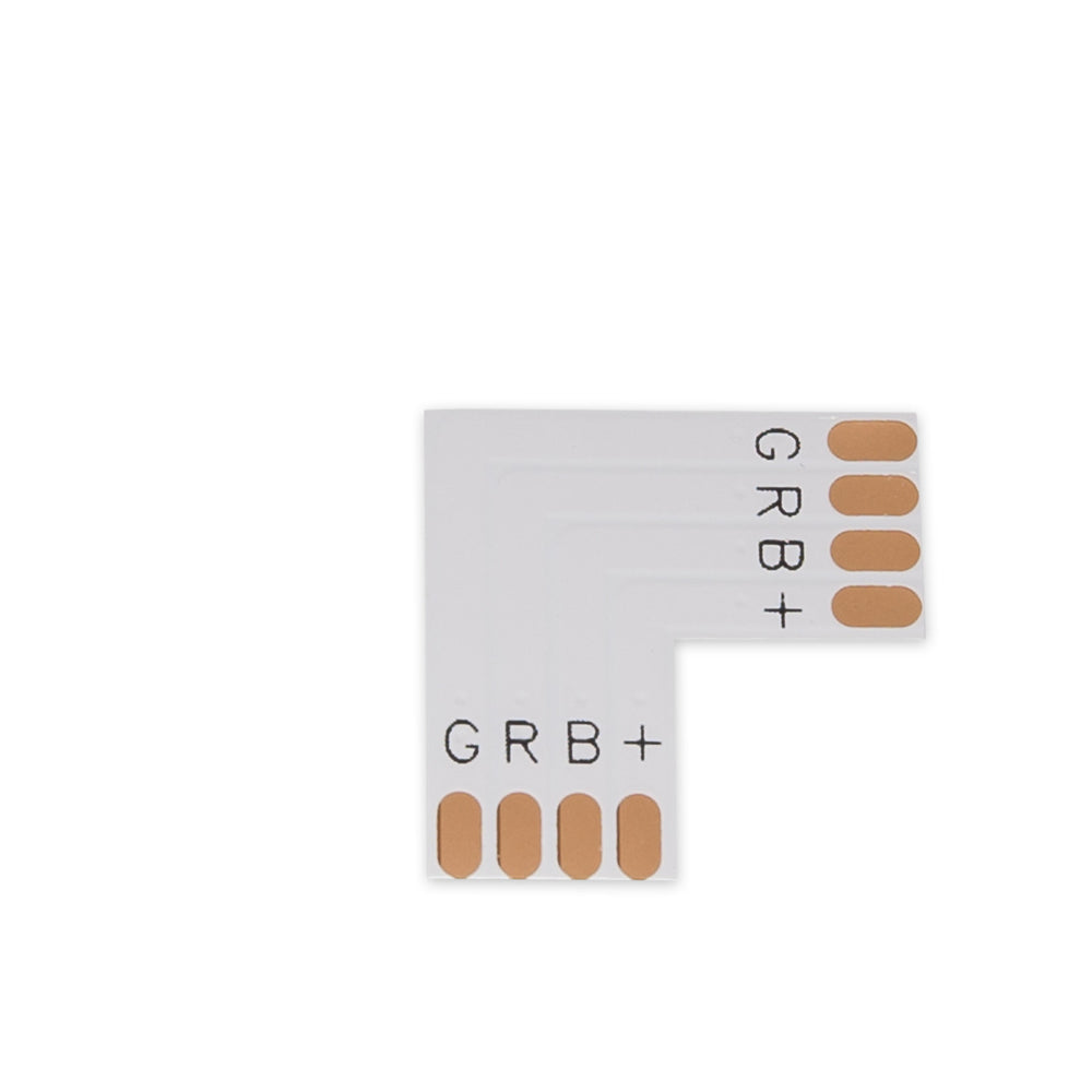 MossLED FlexLED PCB connector 4-pin RGB 2-way L-shape with copper solder pads and G R B + channel markings for RGB LED strip connections on white background