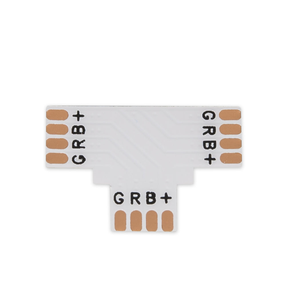 MossLED FlexLED PCB connector 4-pin RGB 3-way T-shape with copper solder pads and G R B + channel markings for RGB LED strip connections on white background
