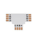 MossLED FlexLED PCB connector 4-pin RGB 3-way T-shape with copper solder pads and G R B + channel markings for RGB LED strip connections on white background