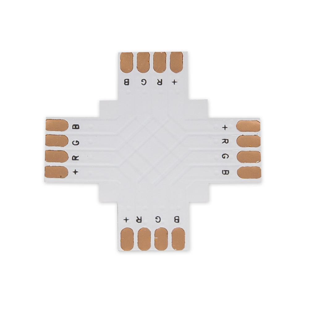 MossLED FlexLED PCB connector 4-pin RGB 4-way cross shape with copper solder pads and G R B + channel markings for RGB LED strip connections on white background