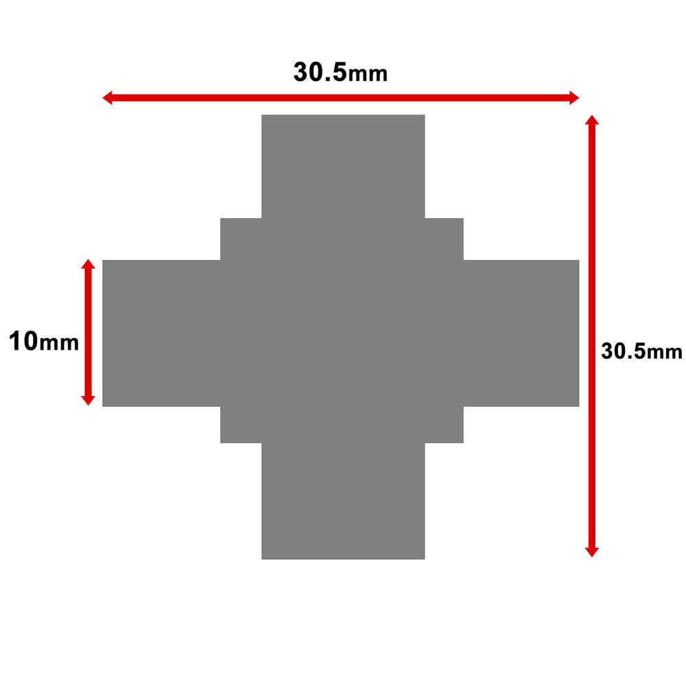 MossLED FlexLED PCB connector 4-way cross shape solder type dimensions diagram showing 30.5mm width 10mm strip height and 30.5mm total height