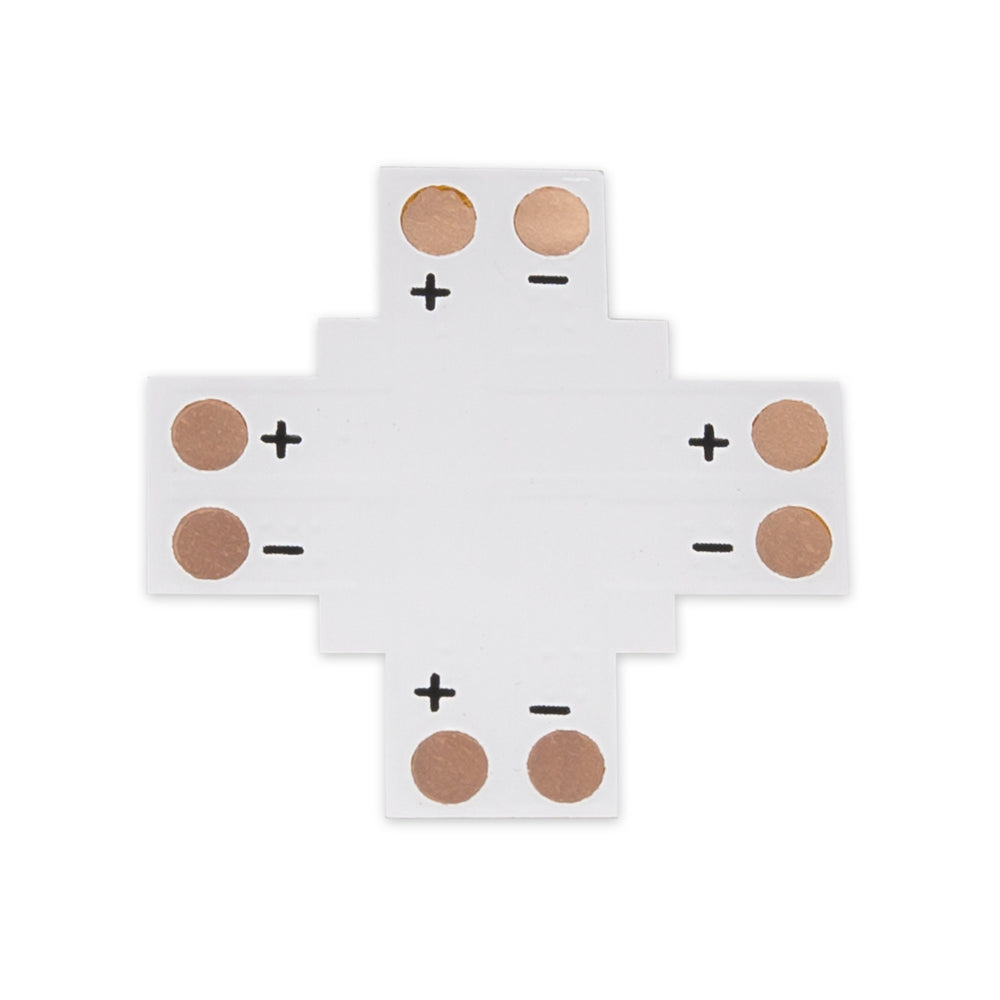 MossLED FlexLED PCB connector 4-way cross shape with copper solder pads and polarity markings for LED strip connections on white background