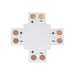 MossLED FlexLED PCB connector 4-way cross shape with copper solder pads and polarity markings for LED strip connections on white background