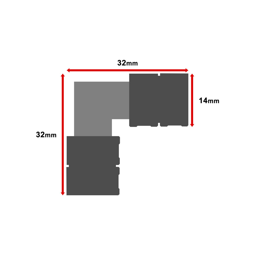 MossLED FlexLED QwikClip 2-way straight connector dimensions diagram 32mm x 32mm x 14mm solderless LED strip connector