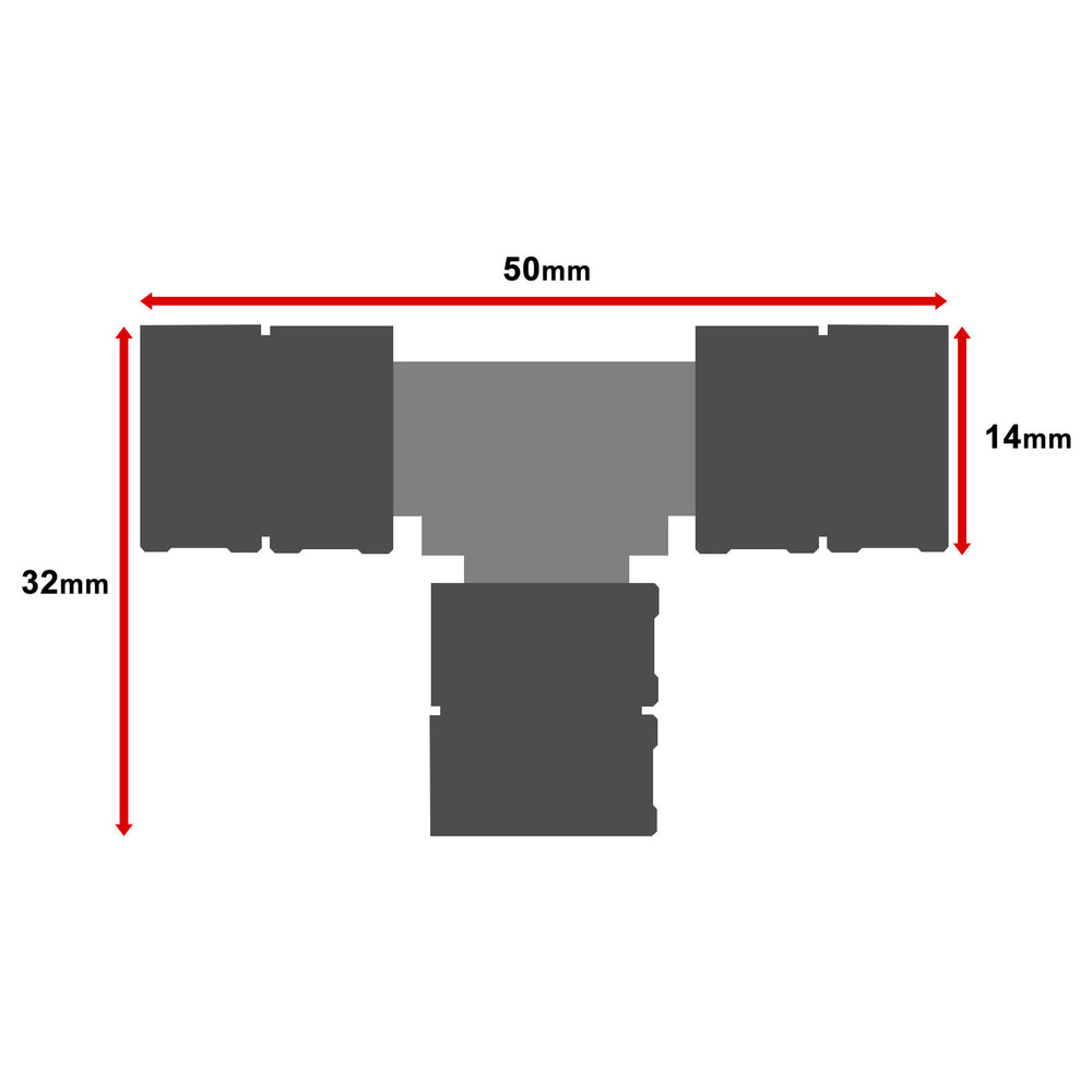 MossLED FlexLED QwikClip 3-way T-shaped connector dimensions diagram 50mm x 32mm x 14mm solderless LED strip connector