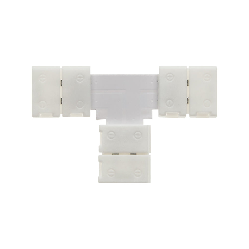 MossLED FlexLED QwikClip 3-way T-shaped connector top view solderless LED strip connector on white background