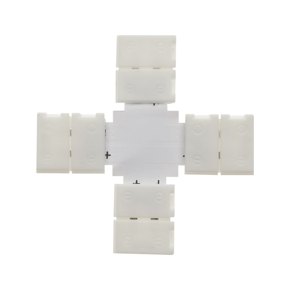 MossLED FlexLED QwikClip 4-way cross plus connector solderless LED strip connector top view on white background