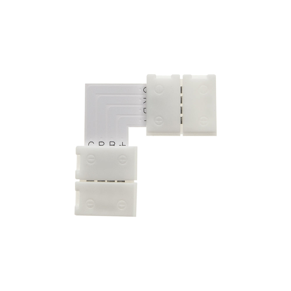 MossLED FlexLED QwikClip RGB 4-pin 2-way straight connector multiple angles showing RGB plus markings solderless LED strip connector on white background