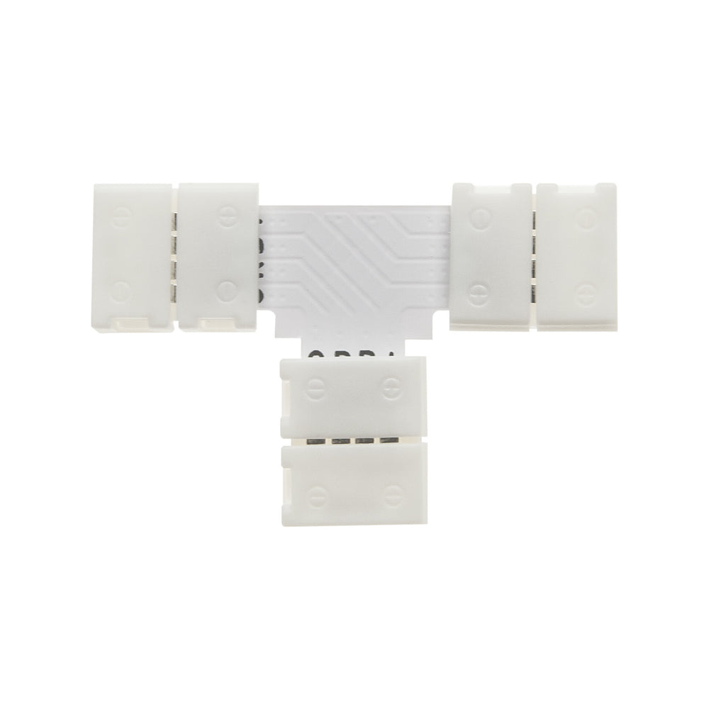 MossLED FlexLED QwikClip RGB 4-pin 3-way T-shaped connector top view solderless LED strip connector on white background