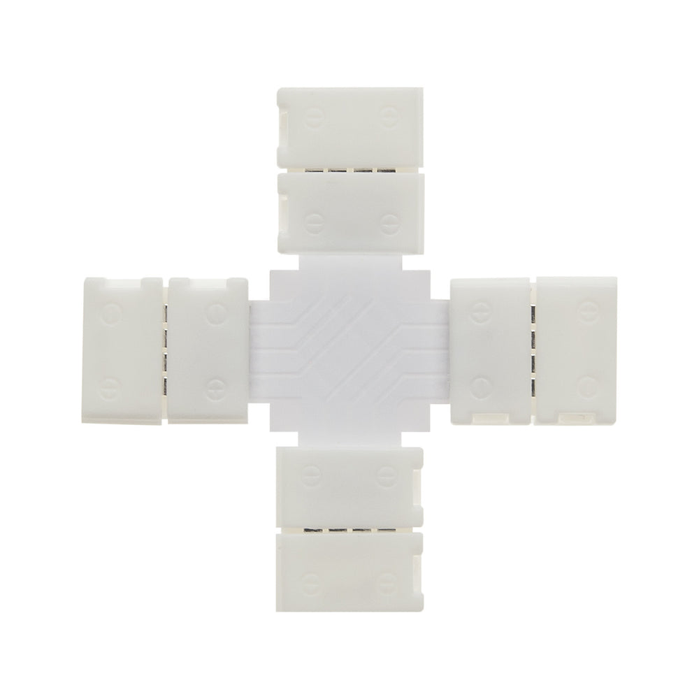 MossLED FlexLED QwikClip RGB 4-pin 4-way cross connector top view solderless LED strip connector on white background
