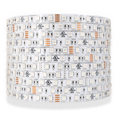 Moss LED FlexLED RGB 24V LED Strip Tape – 60 LEDs per metre, SMD 5050 RGB chips, 24VDC, UL Listed – Unlit 5m coil showing PCB layout, for film, television, and live entertainment lighting
