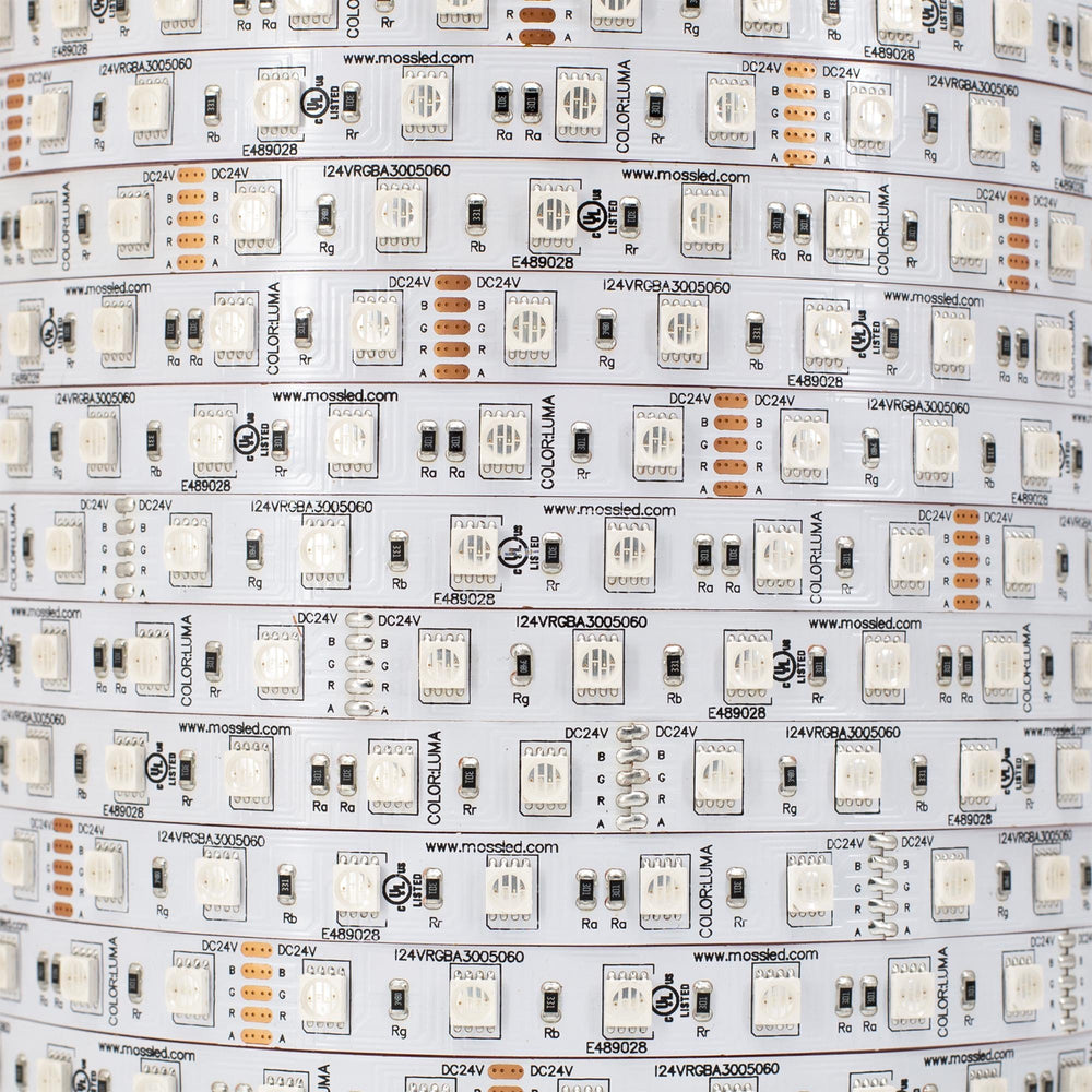 Moss LED FlexLED 60 RGBA 24V All-In-One Diode – chip detail flat-lay macro, RGBA SMD 5060 closeup, DC 24V, UL listed E489028