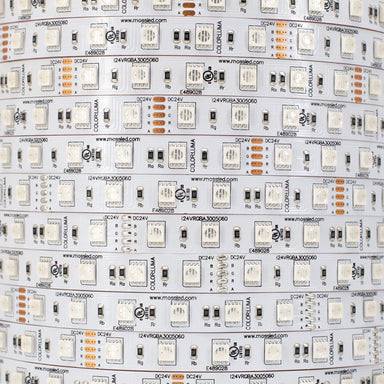 Moss LED FlexLED 60 RGBA 24V All-In-One Diode – chip detail flat-lay macro, RGBA SMD 5060 closeup, DC 24V, UL listed E489028