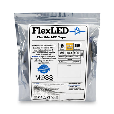 Moss LED FlexLEDslim 180 White 24V – 2700K tungsten warm white retail bag packaging with spec label, 180 LED/m, CRI >95