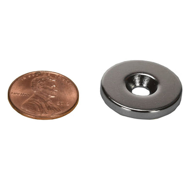 Moss LED high powered neodymium countersunk ring magnet N52 grade single unit nickel plated with penny for size reference 7/8 inch diameter countersunk hole for number 8 screw