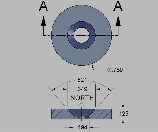 Moss LED high powered neodymium countersunk ring magnet north pole technical drawing showing dimensions 0.750 inch diameter 0.125 inch thick 82 degree countersunk hole 0.194 inch bore cross section view