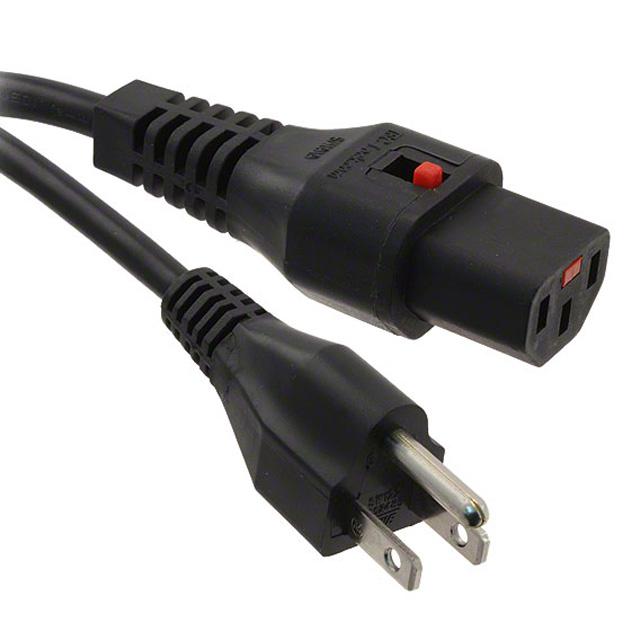 Moss LED locking IEC power cable 6 foot with NEMA 5-15P three prong plug and locking IEC C13 connector with red release button black cord for LED power supplies