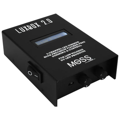Moss LED LUXBOX 2.0 dual channel LED dimmer angle view showing LCD display power switch dimmer knobs and metal enclosure