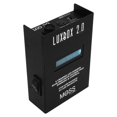 Moss LED LUXBOX 2.0 dual channel LED dimmer front view showing LCD display power switch 5-pin connectors and flicker-free dimming control unit