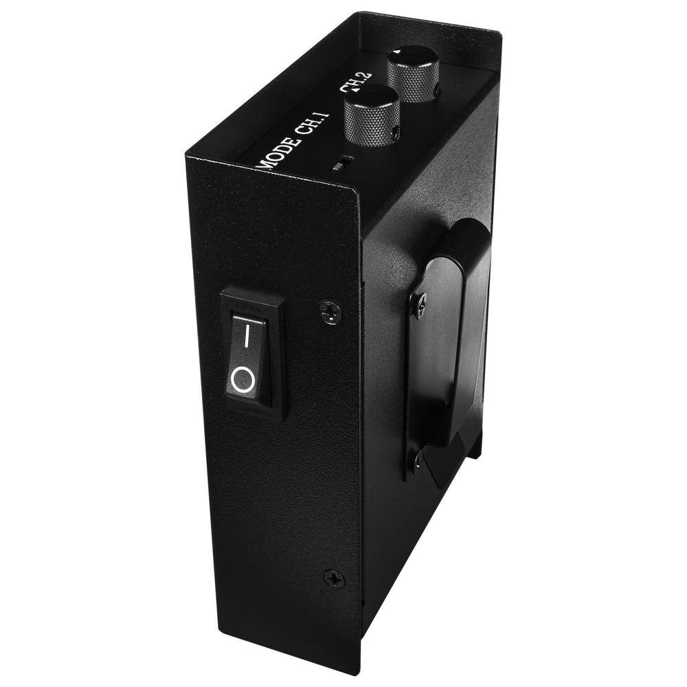Moss LED LUXBOX 2.0 dual channel LED dimmer side view showing CH1 CH2 dimmer knobs power switch belt clip and metal enclosure