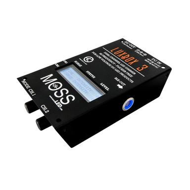 Moss LED LUXBOX 3 dual channel LED dimmer with LCD display showing brightness levels, flicker-free high-frequency dimming for on-camera use