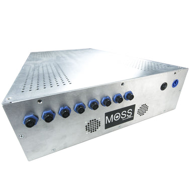 Moss LED LuxDrive16 DMX 32-channel LED dimmer front panel angle view showing 16 blue output connectors Moss LED branding and ventilation holes on aluminum enclosure