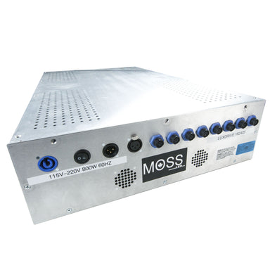 Moss LED LuxDrive16 DMX 32-channel LED dimmer rear panel showing Powercon input XLR DMX connectors and 16 output channels 115-220V 800W 60Hz