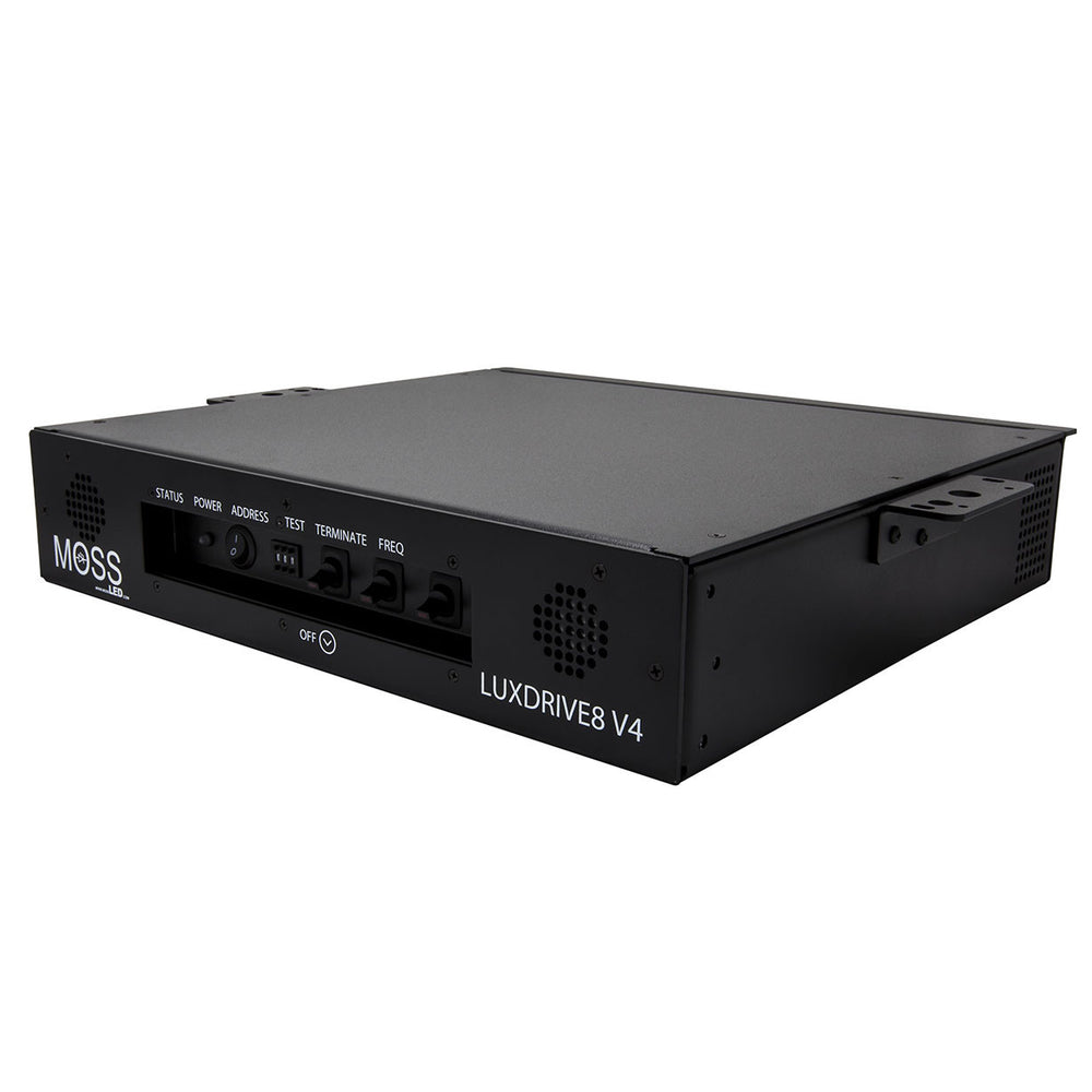 Moss LED LuxDrive8 V4 32-channel DMX dimmer front angle view showing top cover, Moss LED logo, LuxDrive8 V4 branding, front panel controls, and ventilation in 2U rackmount enclosure