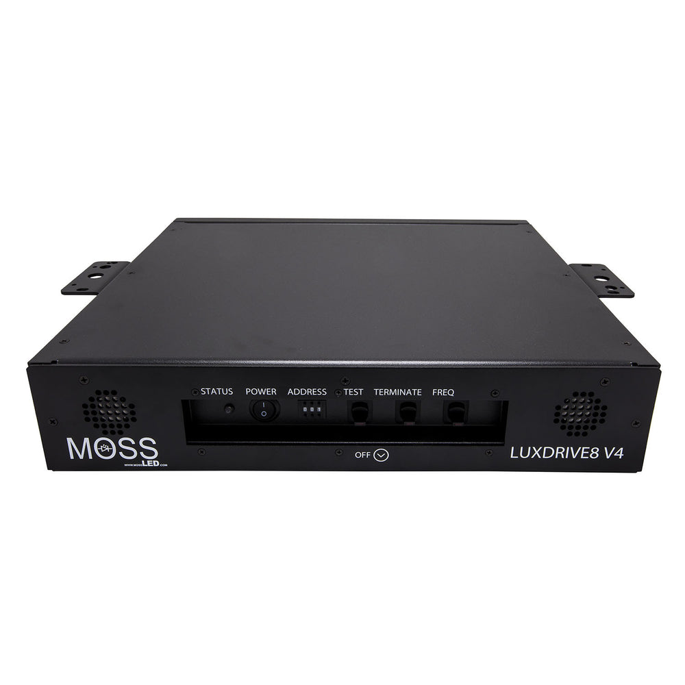Moss LED LuxDrive8 V4 32-channel DMX dimmer front panel view showing status display, power switch, address controls, test button, terminate switch, and frequency selector in 2U rackmount enclosure