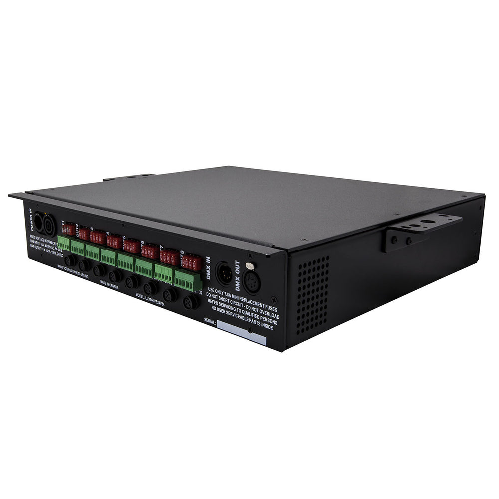 Moss LED LuxDrive8 V4 32-channel DMX dimmer rear angle view showing output terminal blocks, DMX in and out XLR ports, power connector, and rackmount chassis