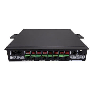 Moss LED LuxDrive8 V4 32-channel dimmer rear panel showing 8 output connector blocks with screw terminals, power input, DMX in and out XLR connectors, and product label in 2U rackmount chassis
