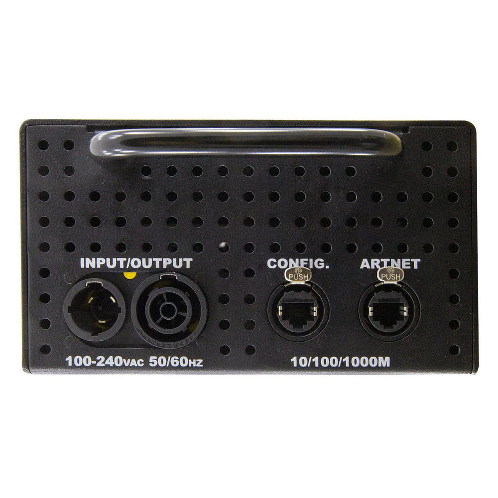 Moss LED LXFXBX pixel lighting effects box rear panel showing power input output connectors, configuration RJ45 port, Art-Net ethernet port, and ventilation holes