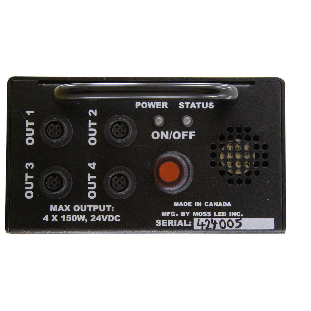Moss LED LXFXBX pixel lighting effects box top panel showing four pixel LED output connectors, power and status indicators, on off button, 4x150W 24VDC output capacity, made in Canada