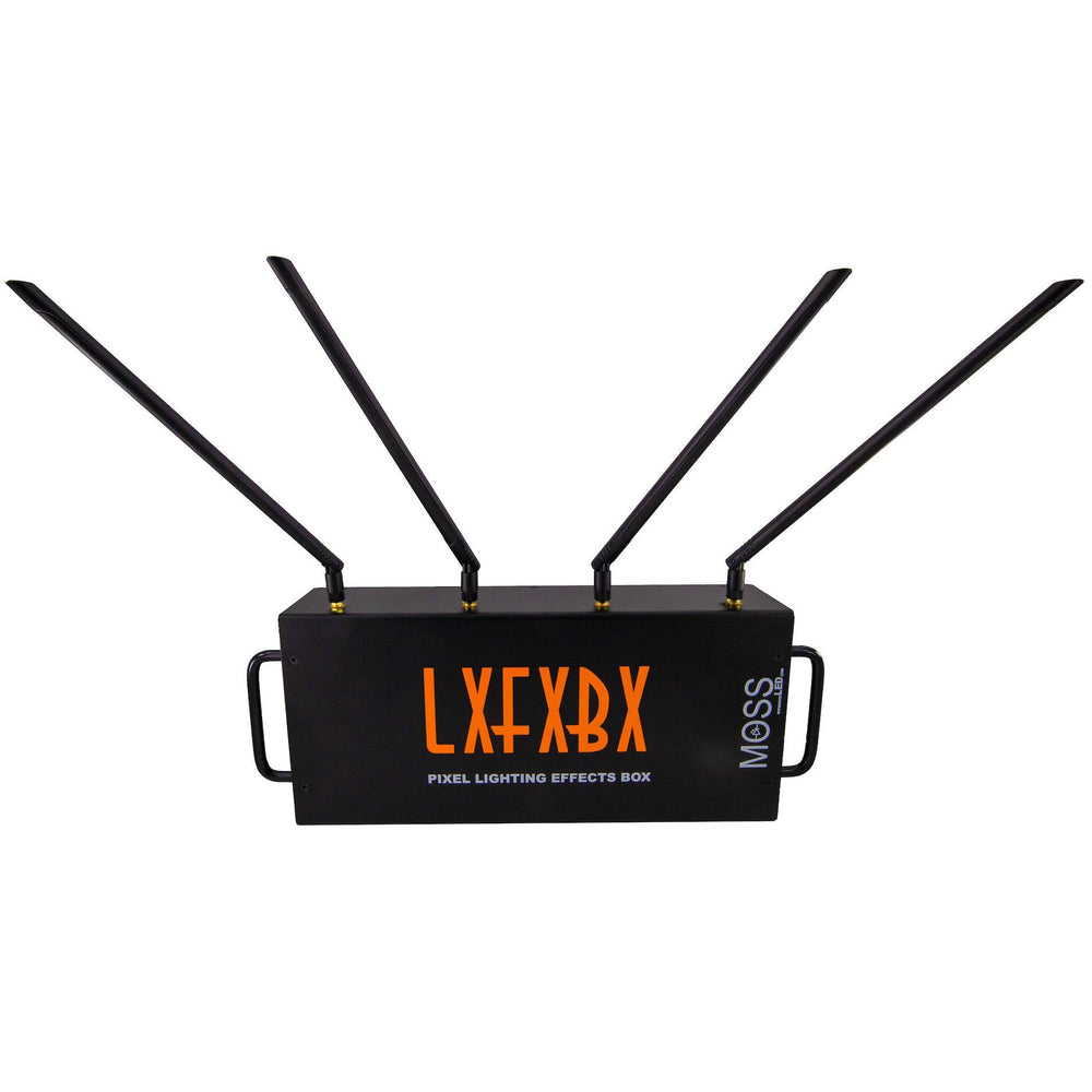 Moss LED LXFXBX pixel lighting effects box front view with WiFi antennas, carrying handles, and LXFXBX branding for wireless pixel LED control on film and cinema sets